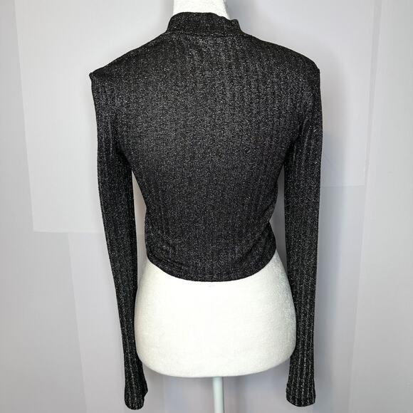 TOPSHOP Black Shimmer Front Cutout Sexy Lace Up Corset Long Sleeve Top 10 Large - Picture 5 of 7